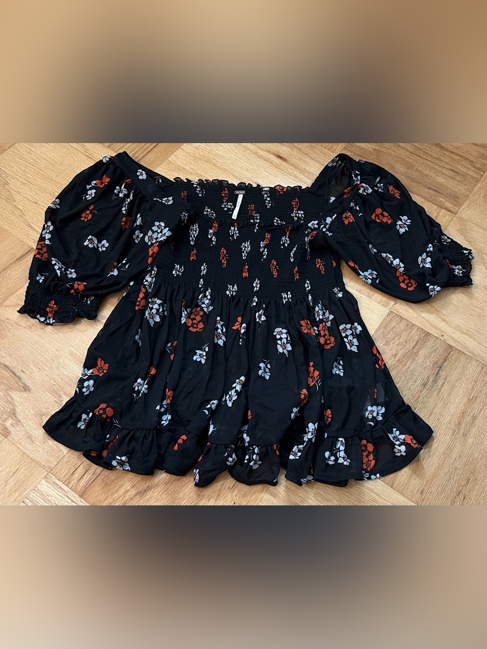 Free People Navy Ruffle Top with Ruched Bodice